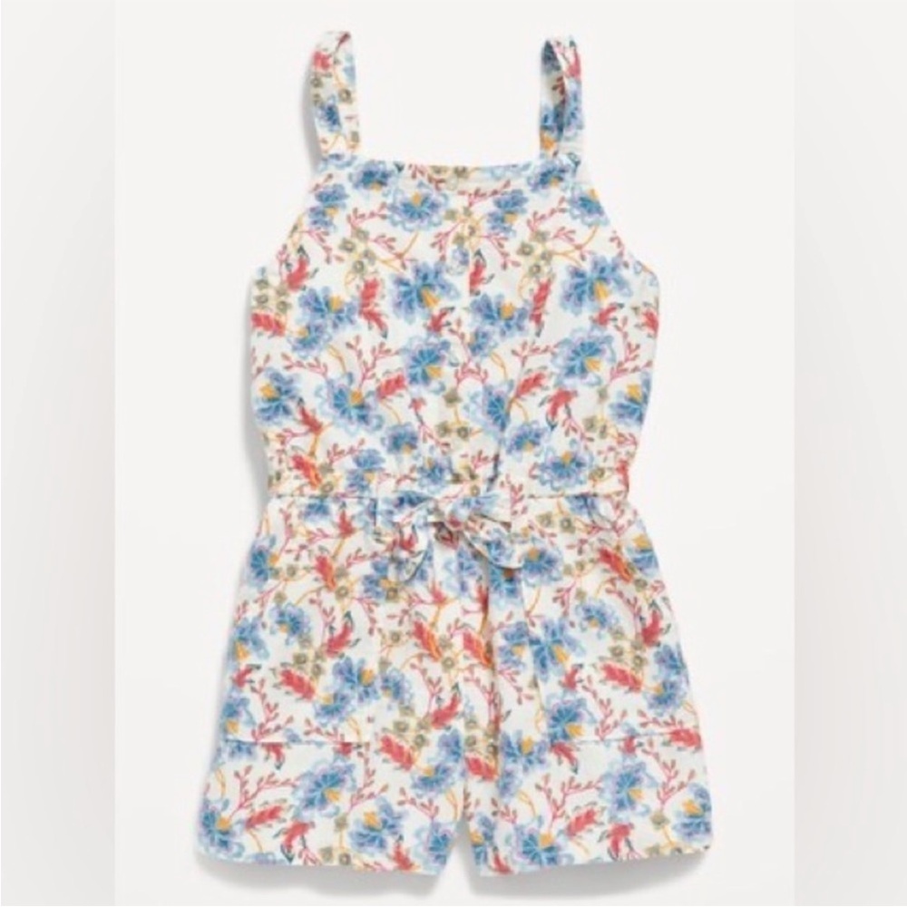 NWT. Old Navy Sleeveless Tie-Front Linen Blend Utility Romper.  Girl’s S (6-7).